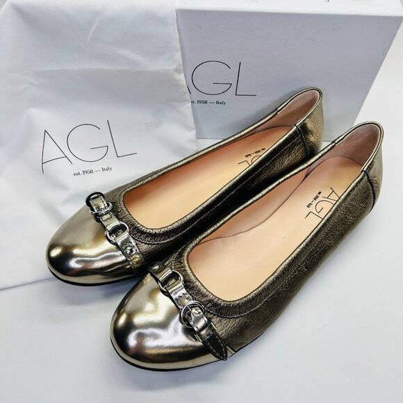 AGL Monika Cap Toe Ballet Flat Size 40 Platinum Leather Slip-On Flats Shoes - Picture 2 of 16